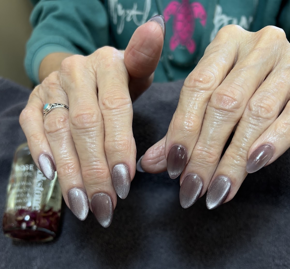 Soft grey velvet almond manicure